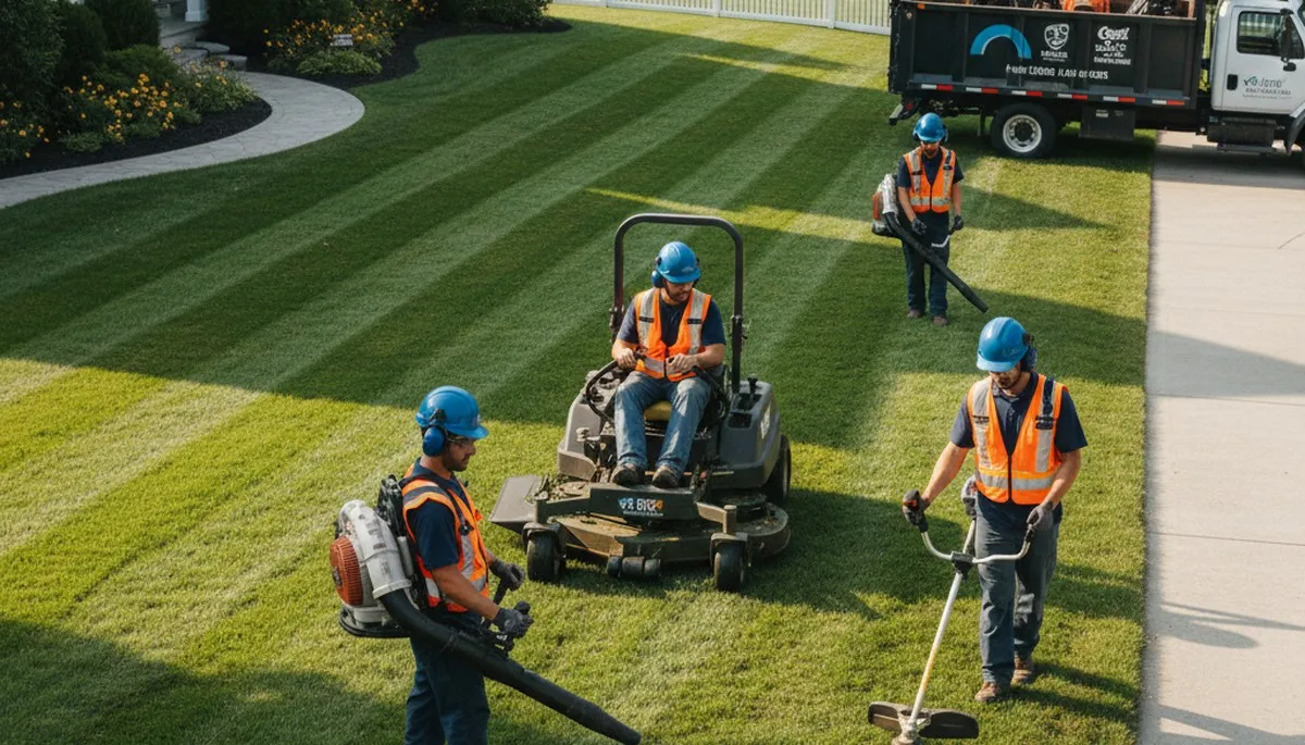 Boston, MA Arbor Tree Care crew providing lawn service for a well-kept residential yard