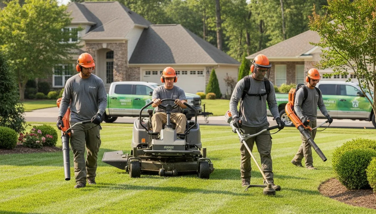 Boston, MA lawn service crew maintaining a residential yard for Arbor Tree Care