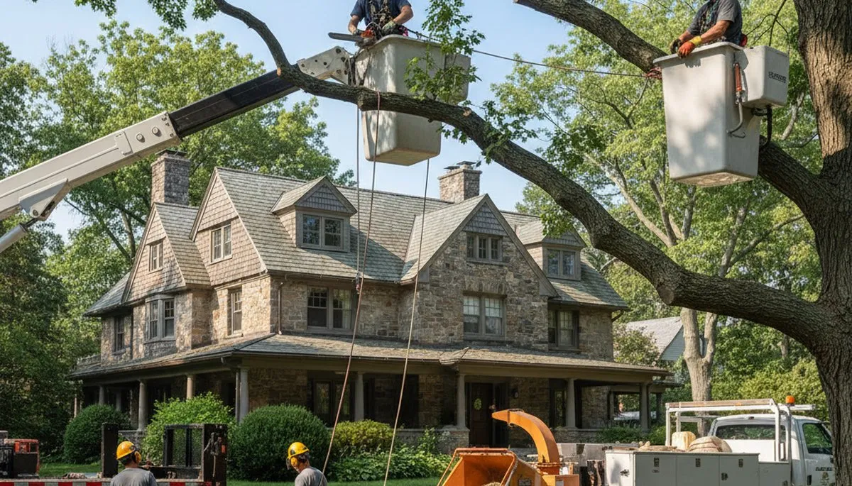 Tree service crew in Boston, MA performing professional tree removal and trimming