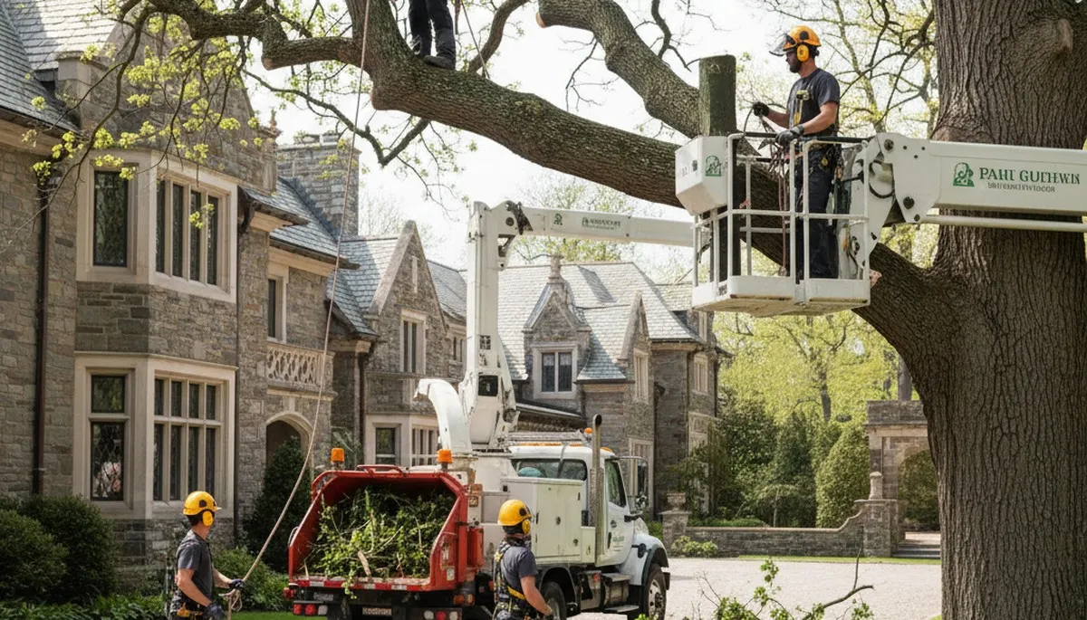 Boston, MA tree service crew removing a large tree for residential property cleanup