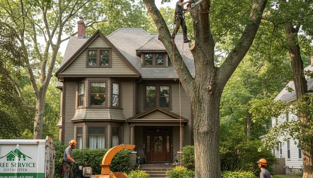 Tree service crew in Boston, MA performing safe tree removal for a residential property