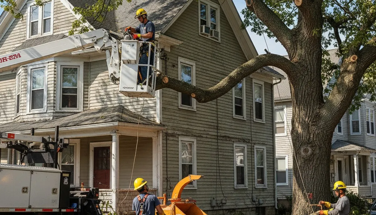 Boston, MA tree service crew trimming a tree for safe removal near a residential property