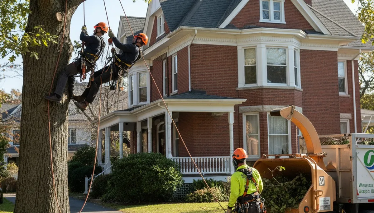 Tree service crew in Boston, MA removing a tree for safe residential property cleanup