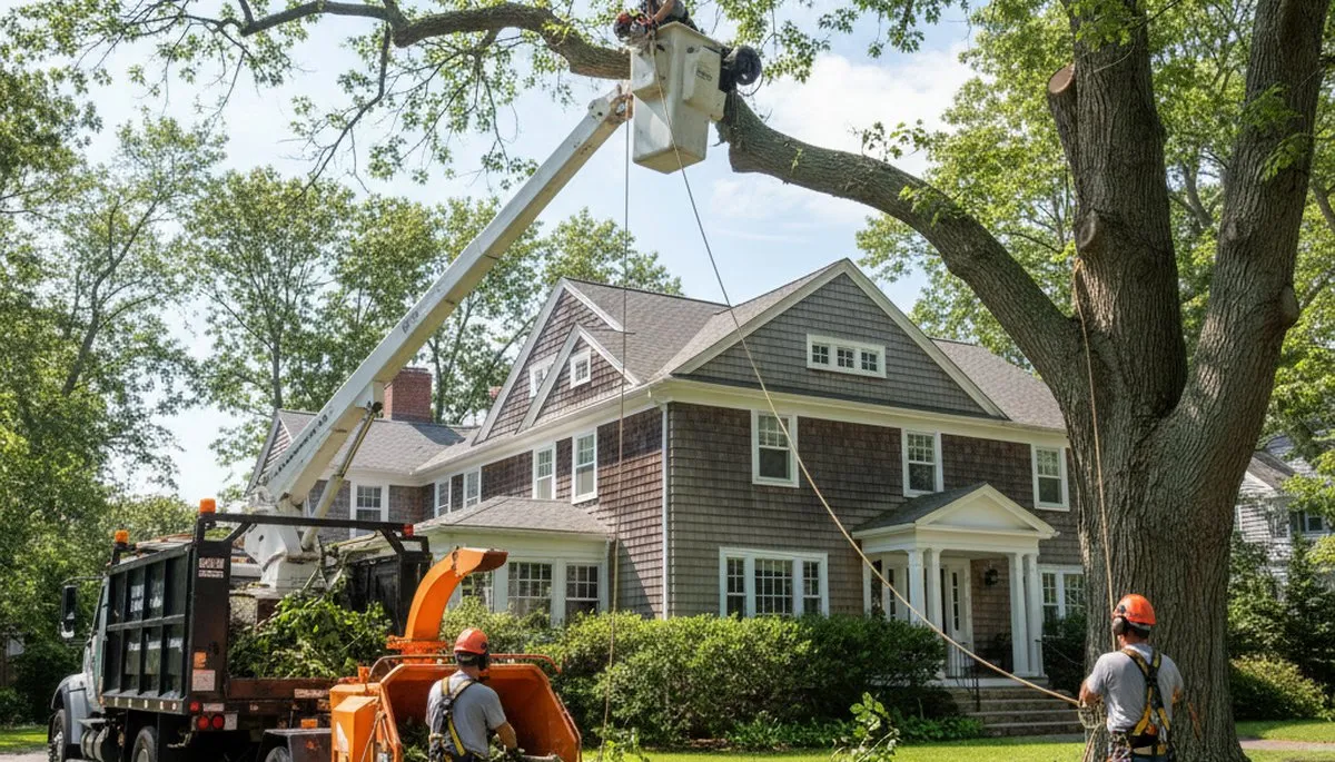 Boston, MA tree service crew removing a large tree for safe property clearance